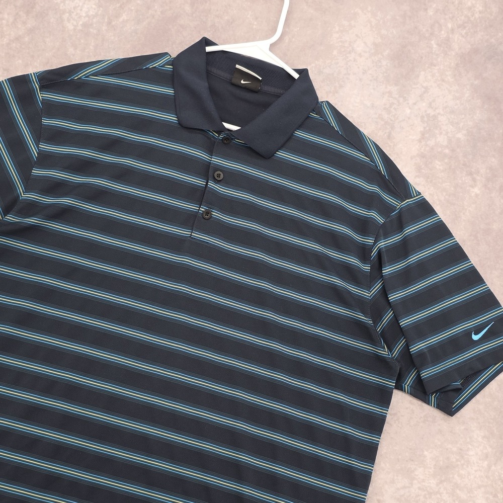 Nike Golf Dri-Fit Mens XL Polo Shirt Performance Navy Blue Striped Short Sleeve